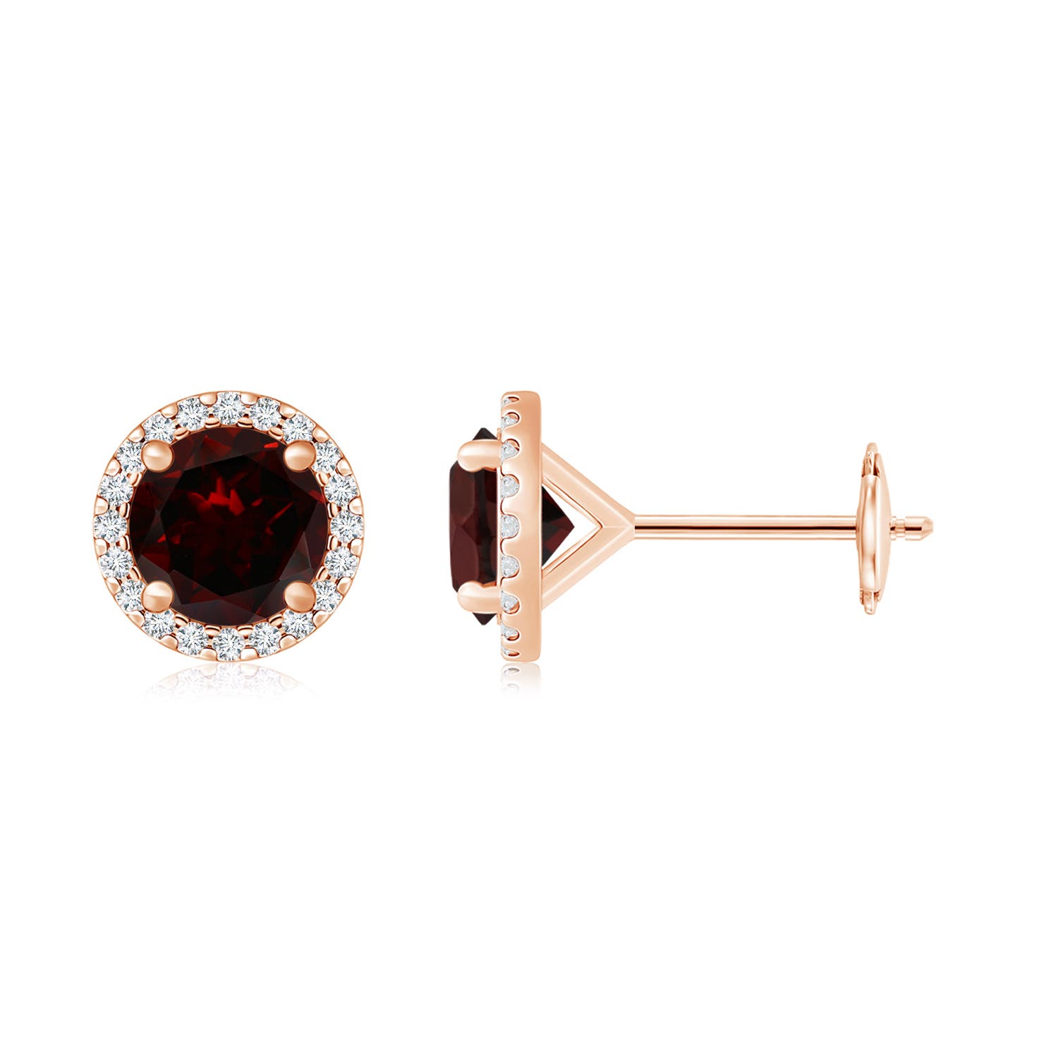 10mm A Classic Garnet and Diamond Halo Stud Earrings in Rose Gold