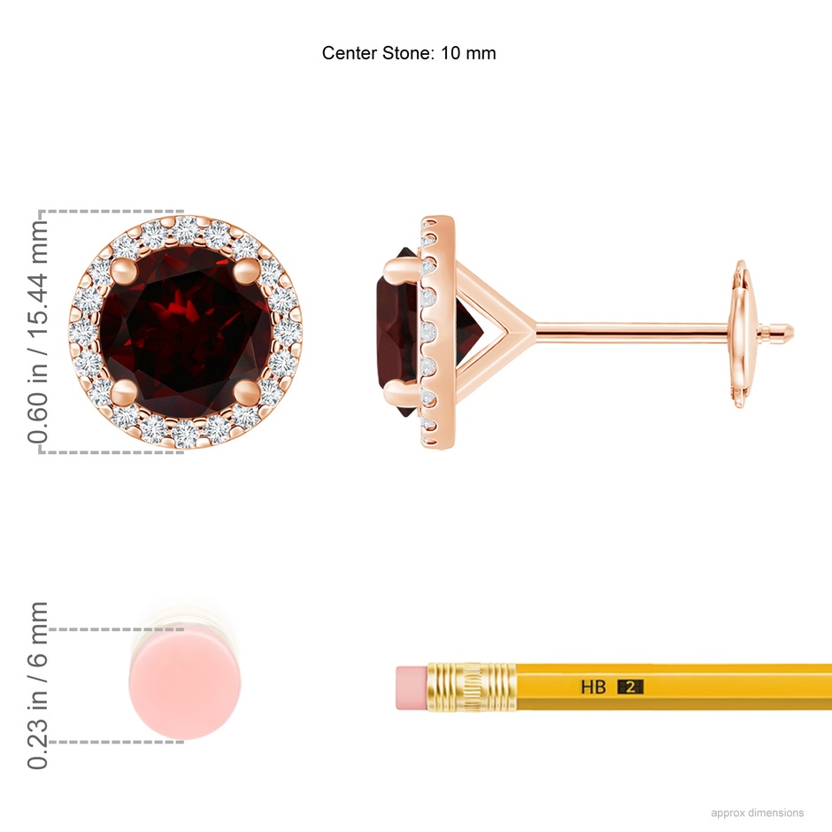 10mm A Classic Garnet and Diamond Halo Stud Earrings in Rose Gold ruler