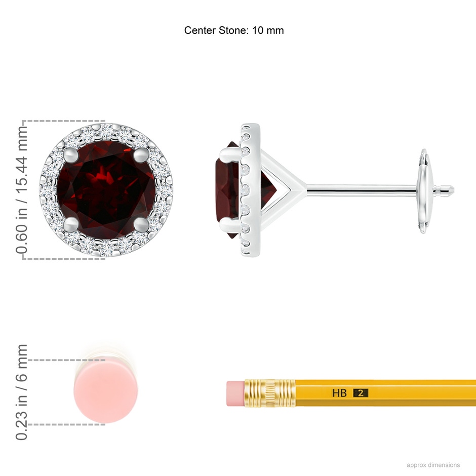10mm A Classic Garnet and Diamond Halo Stud Earrings in White Gold ruler