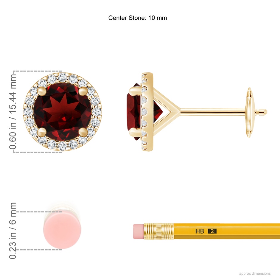 10mm AAA Classic Garnet and Diamond Halo Stud Earrings in Yellow Gold ruler