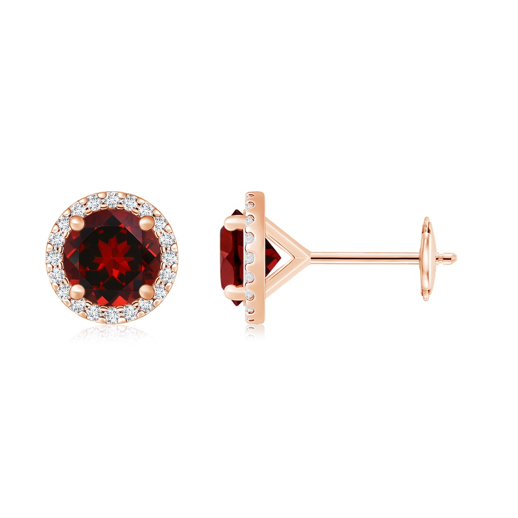 10mm AAAA Classic Garnet and Diamond Halo Stud Earrings in Rose Gold