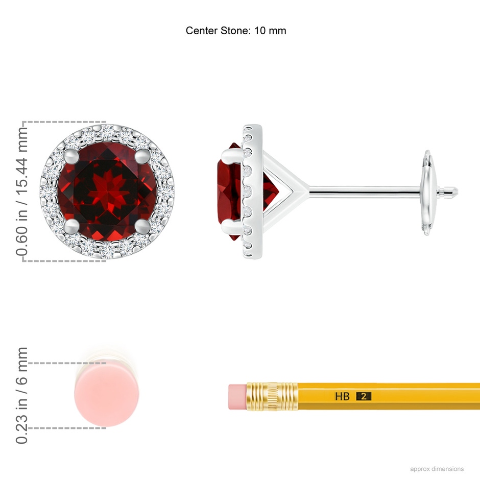 10mm AAAA Classic Garnet and Diamond Halo Stud Earrings in White Gold ruler