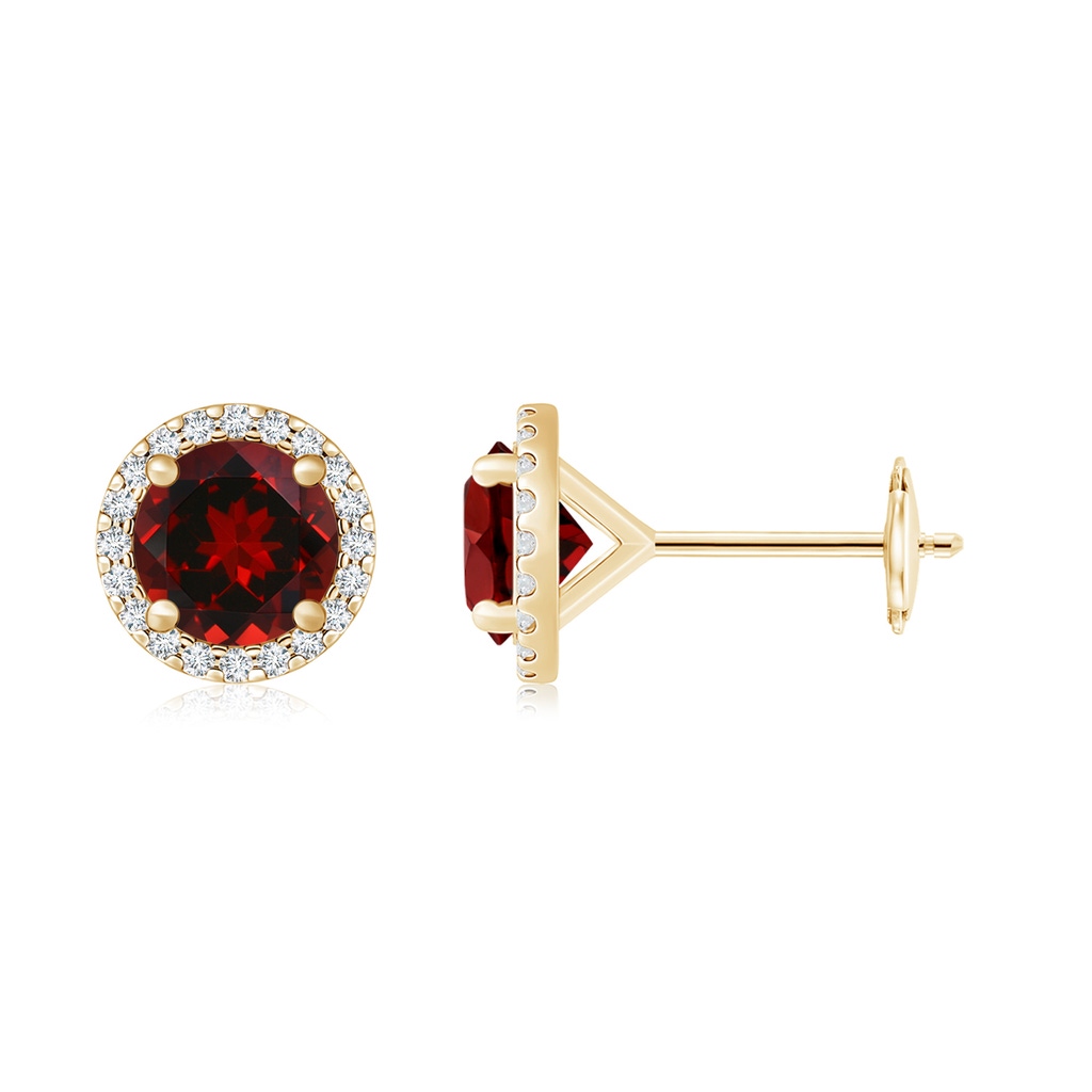 10mm AAAA Classic Garnet and Diamond Halo Stud Earrings in Yellow Gold