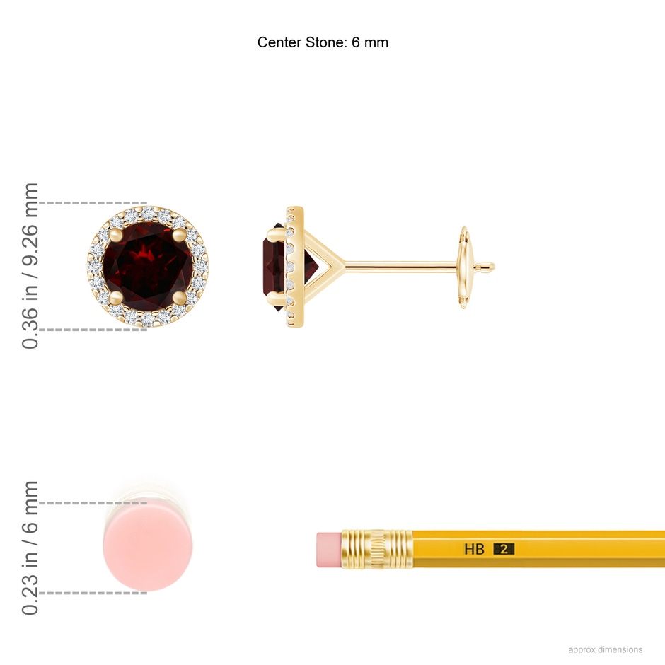 6mm A Classic Garnet and Diamond Halo Stud Earrings in Yellow Gold ruler