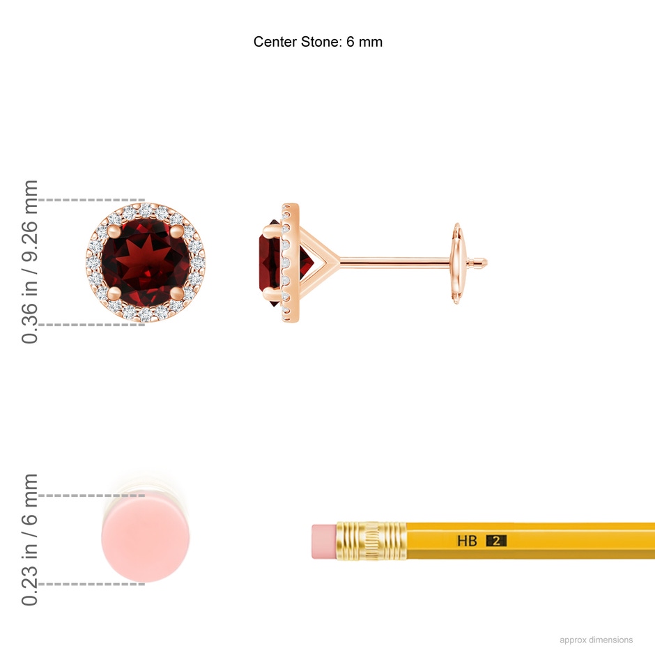 6mm AAA Classic Garnet and Diamond Halo Stud Earrings in Rose Gold ruler