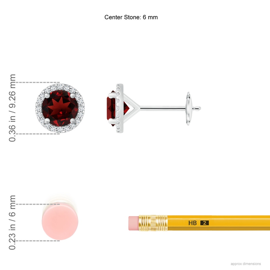 6mm AAA Classic Garnet and Diamond Halo Stud Earrings in White Gold ruler