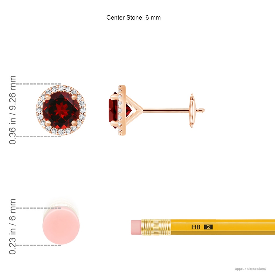 6mm AAAA Classic Garnet and Diamond Halo Stud Earrings in Rose Gold ruler