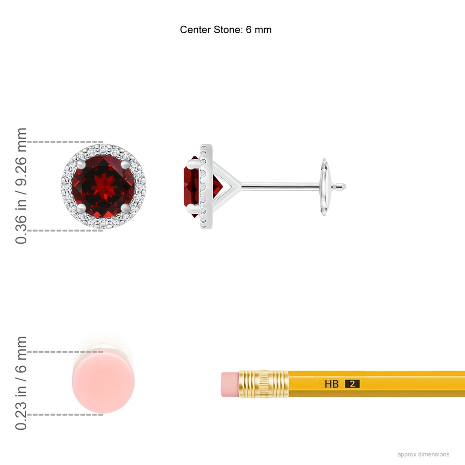6mm AAAA Classic Garnet and Diamond Halo Stud Earrings in White Gold ruler