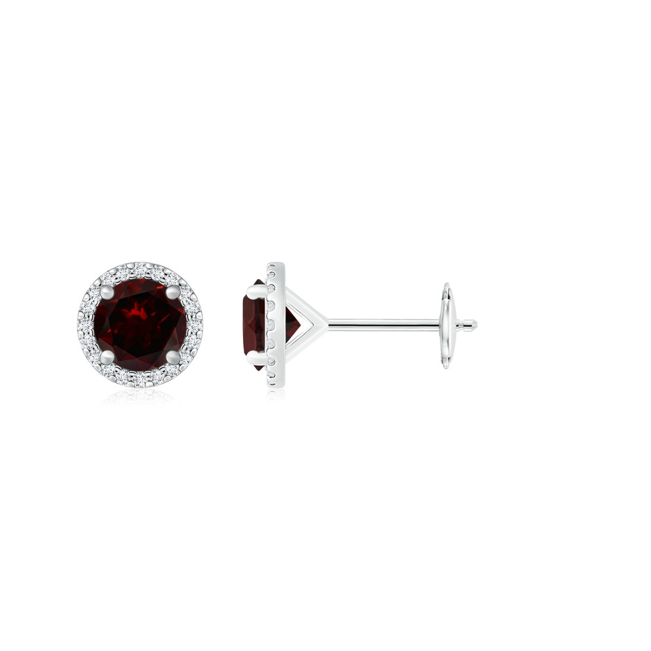 7mm A Classic Garnet and Diamond Halo Stud Earrings in White Gold 