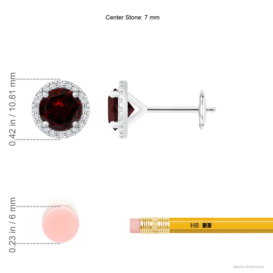 7mm A Classic Garnet and Diamond Halo Stud Earrings in White Gold ruler