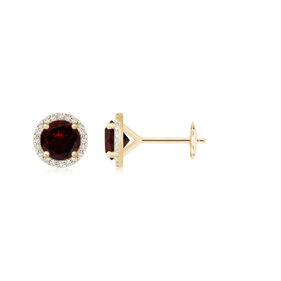 7mm A Classic Garnet and Diamond Halo Stud Earrings in Yellow Gold 
