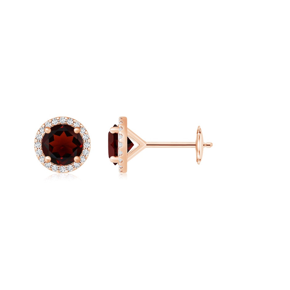 7mm AA Classic Garnet and Diamond Halo Stud Earrings in Rose Gold 
