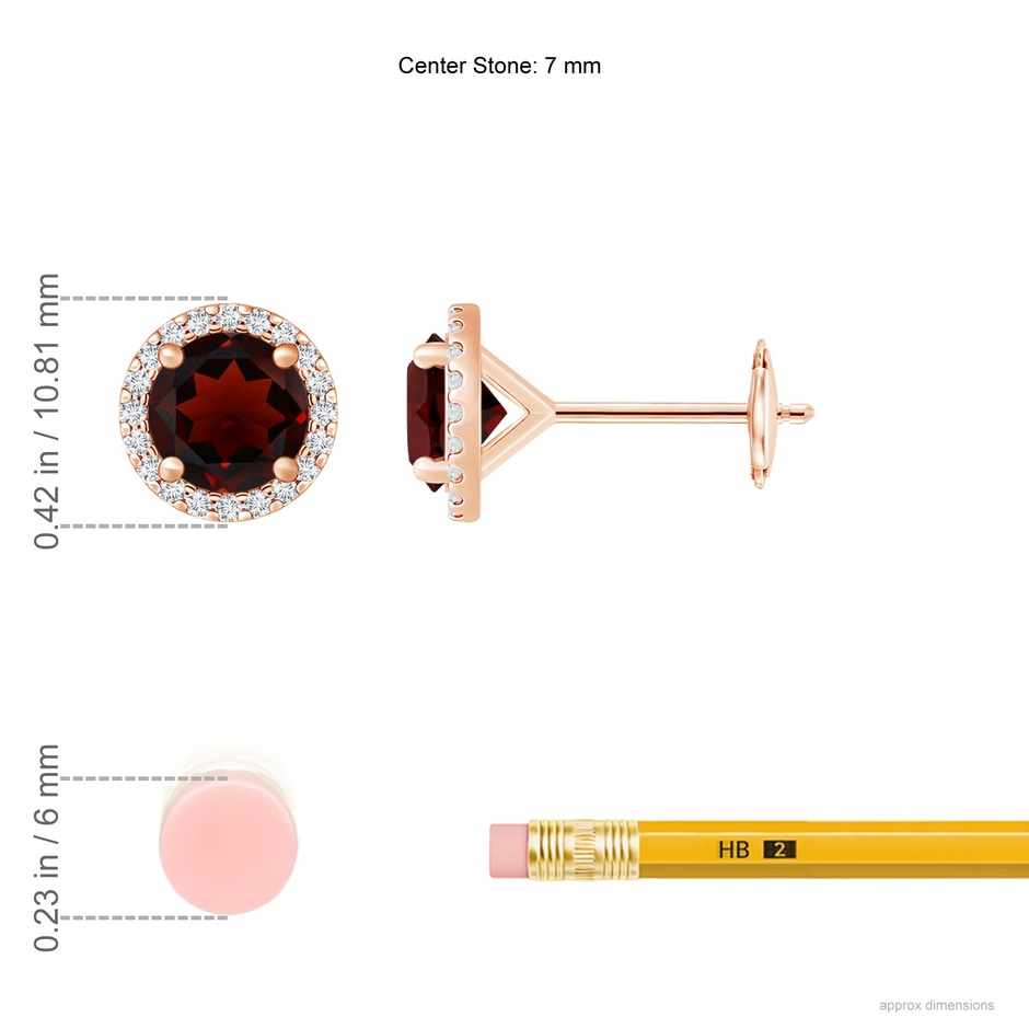 7mm AA Classic Garnet and Diamond Halo Stud Earrings in Rose Gold ruler