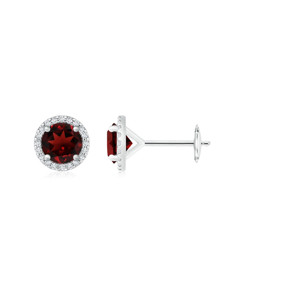 7mm AAA Classic Garnet and Diamond Halo Stud Earrings in White Gold 