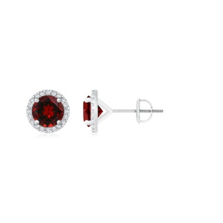 7mm AAAA Classic Garnet and Diamond Halo Stud Earrings in P950 Platinum