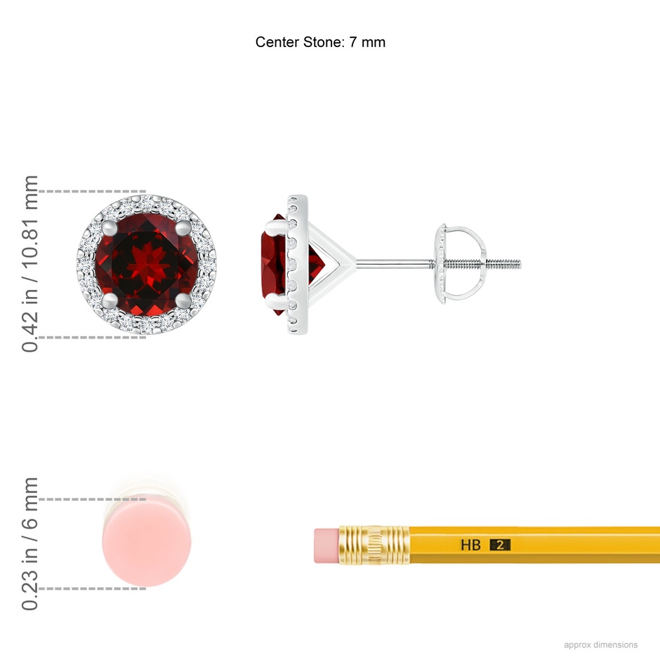 7mm AAAA Classic Garnet and Diamond Halo Stud Earrings in P950 Platinum ruler