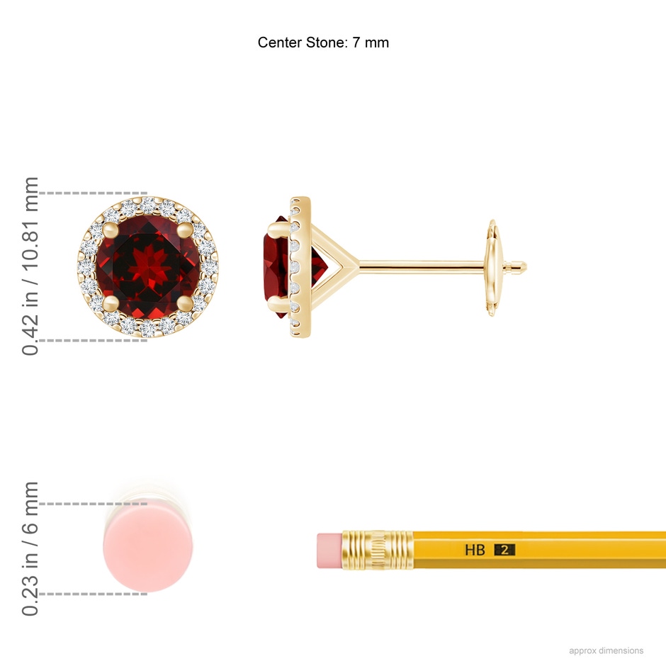 7mm AAAA Classic Garnet and Diamond Halo Stud Earrings in Yellow Gold ruler