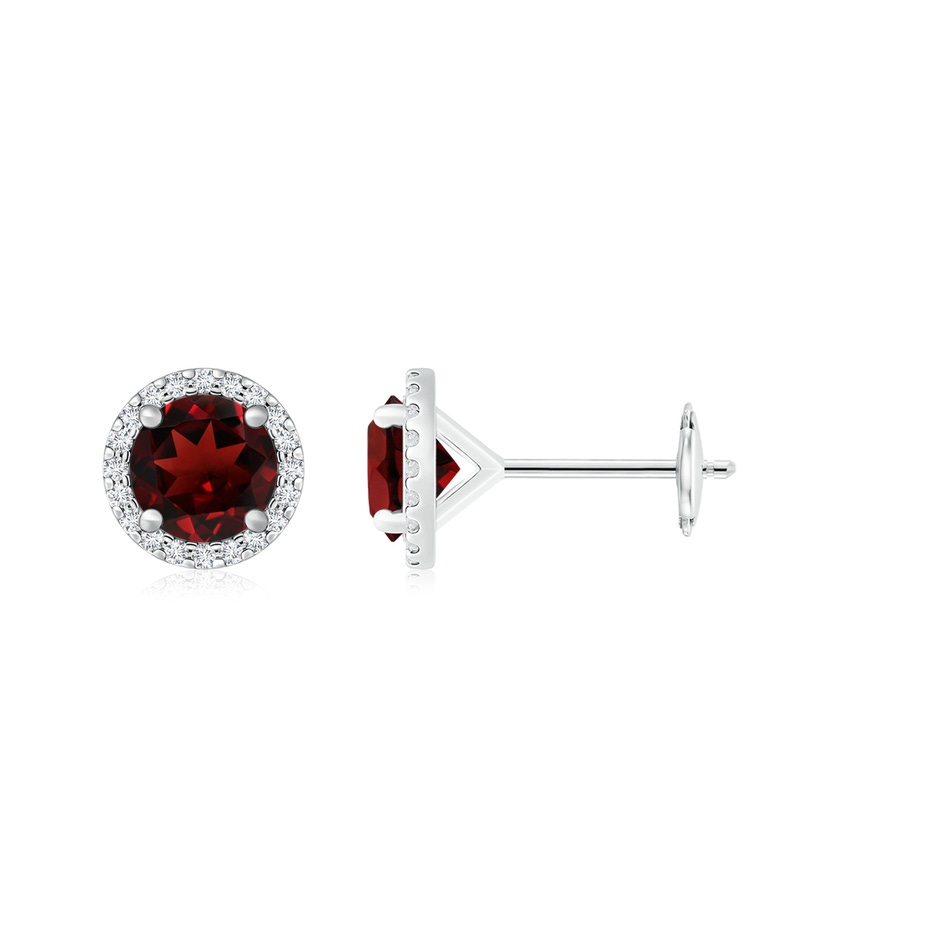 8mm AAA Classic Garnet and Diamond Halo Stud Earrings in White Gold 