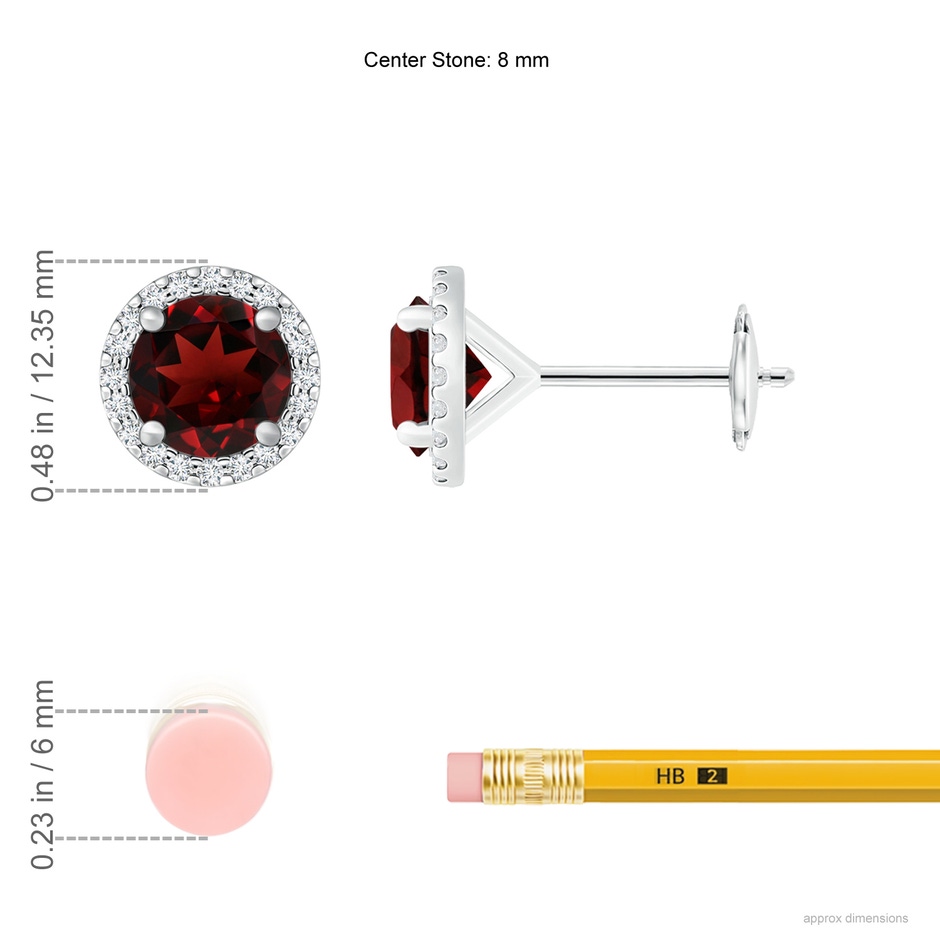 8mm AAA Classic Garnet and Diamond Halo Stud Earrings in White Gold ruler