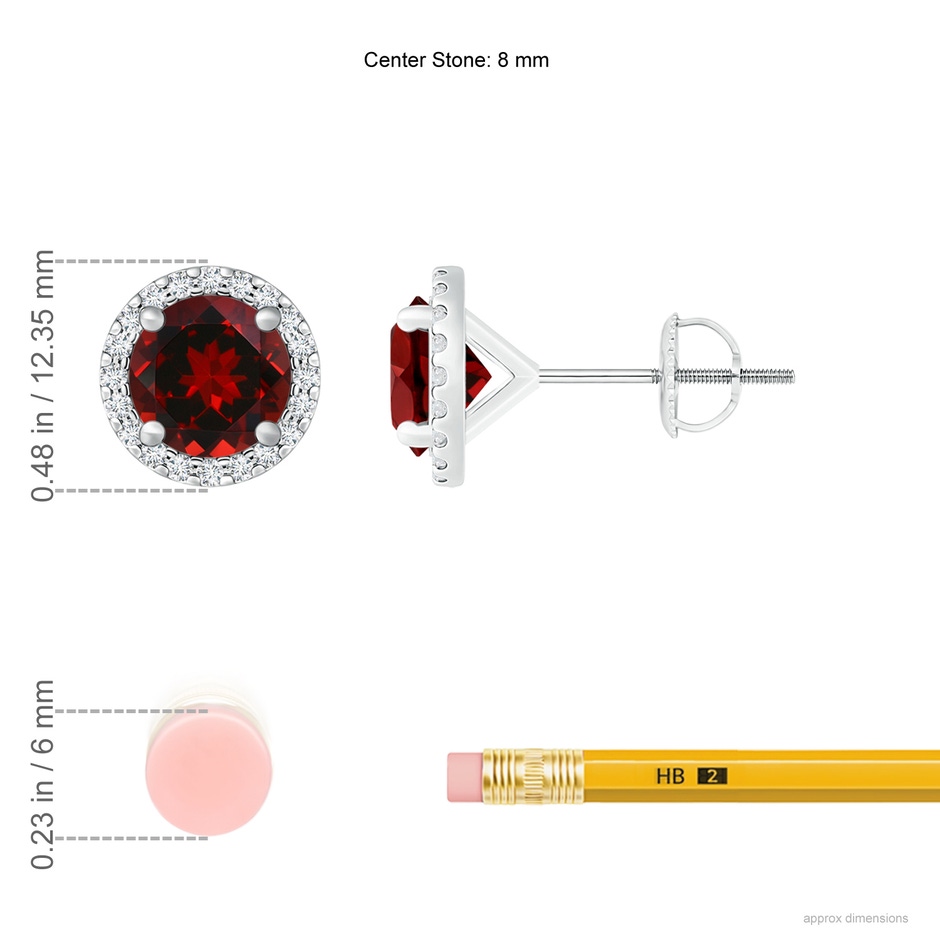 8mm AAAA Classic Garnet and Diamond Halo Stud Earrings in P950 Platinum ruler