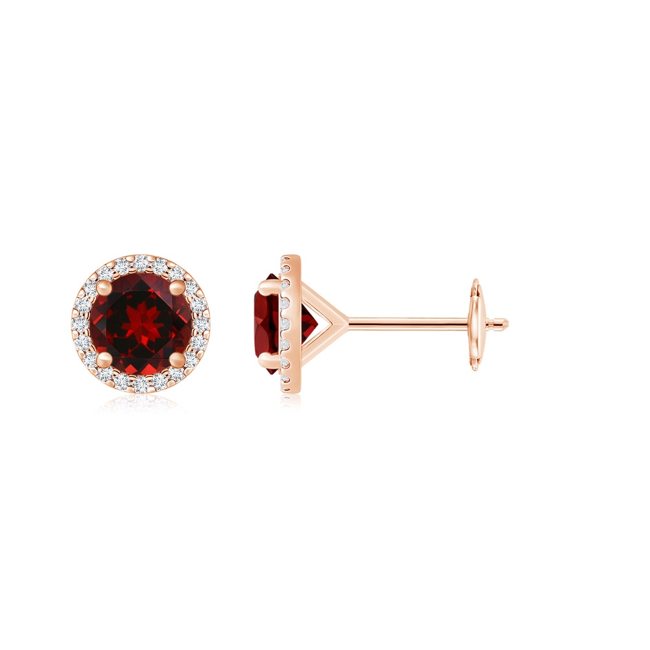 8mm AAAA Classic Garnet and Diamond Halo Stud Earrings in Rose Gold 