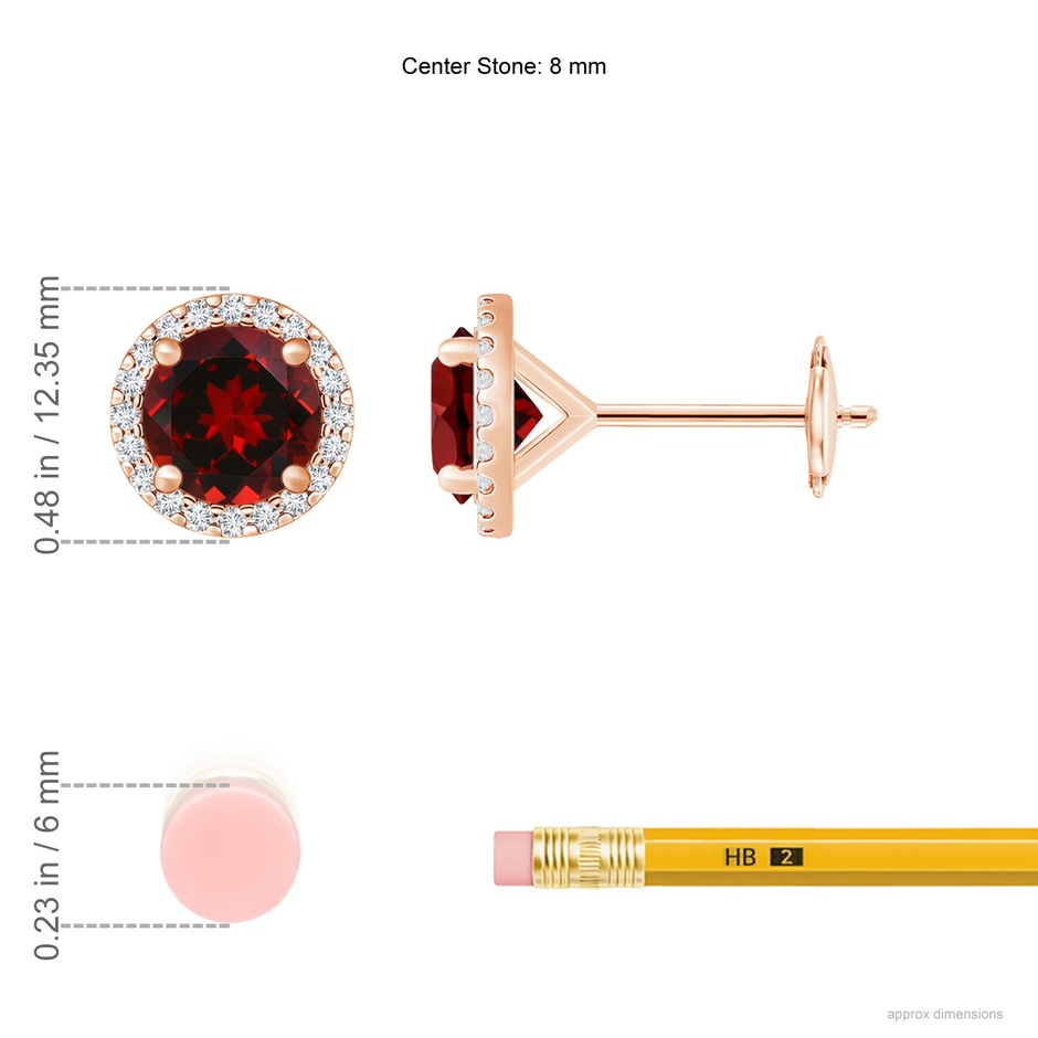 8mm AAAA Classic Garnet and Diamond Halo Stud Earrings in Rose Gold ruler