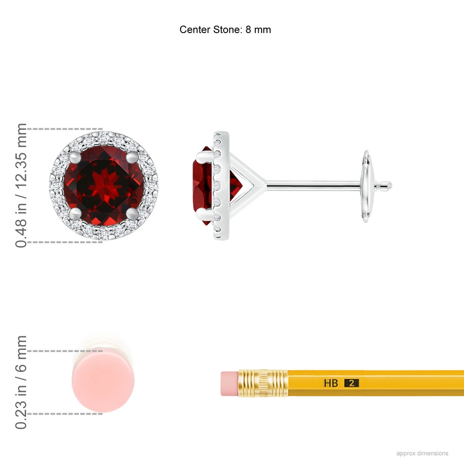 8mm AAAA Classic Garnet and Diamond Halo Stud Earrings in White Gold ruler