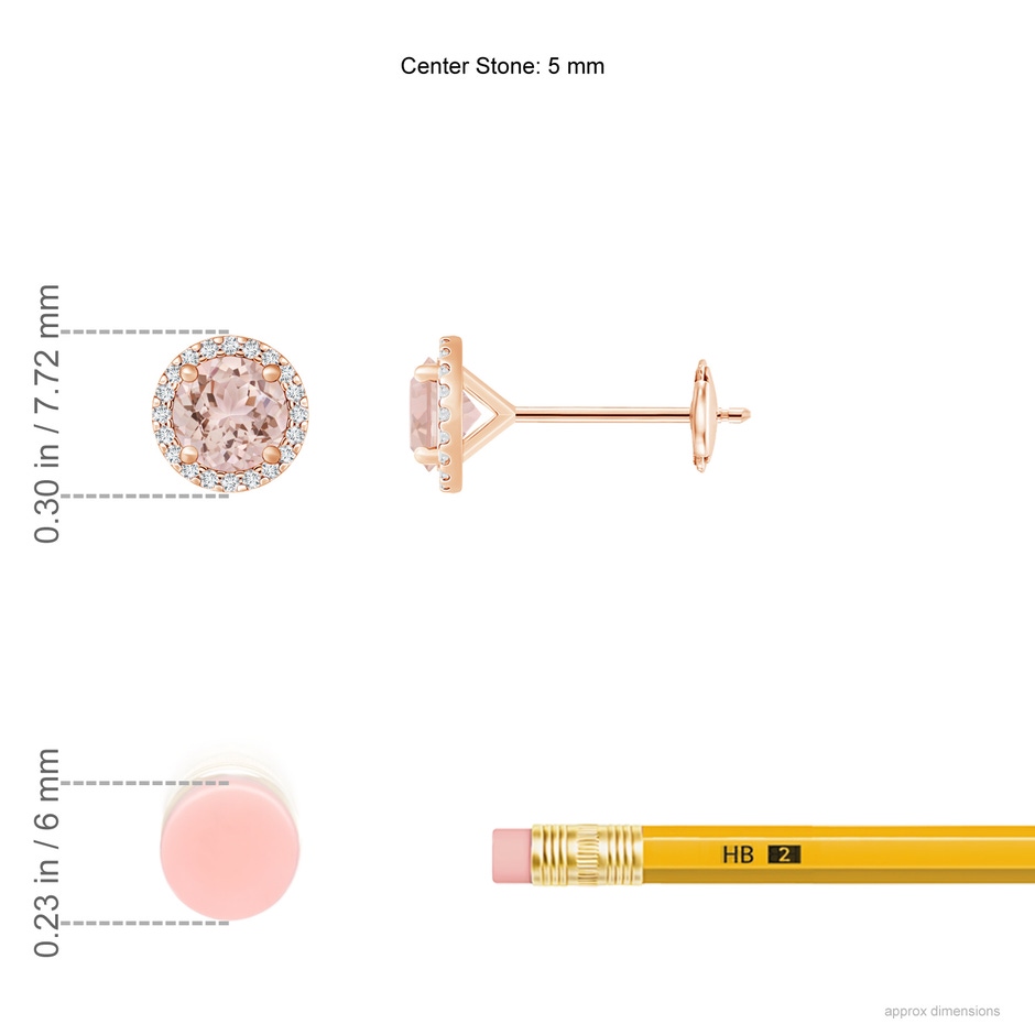 5mm AAA Classic Morganite and Diamond Halo Stud Earrings in Rose Gold ruler