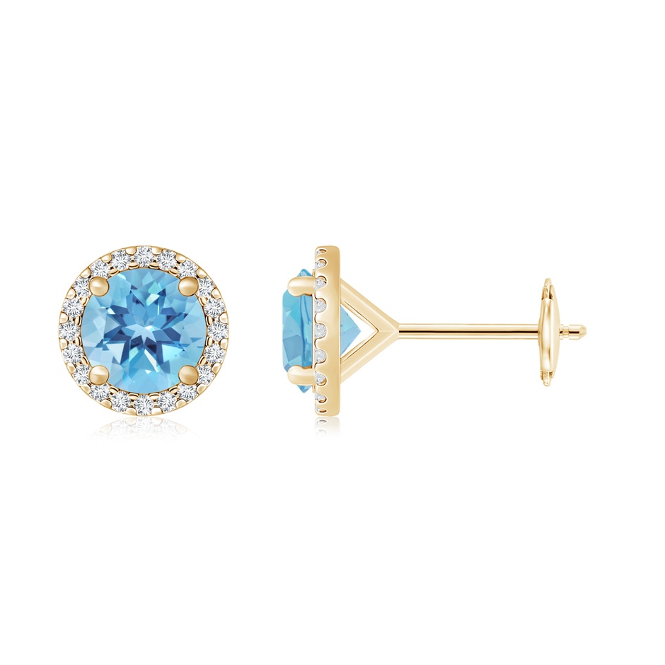 10mm A Classic Swiss Blue Topaz and Diamond Halo Stud Earrings in Yellow Gold 