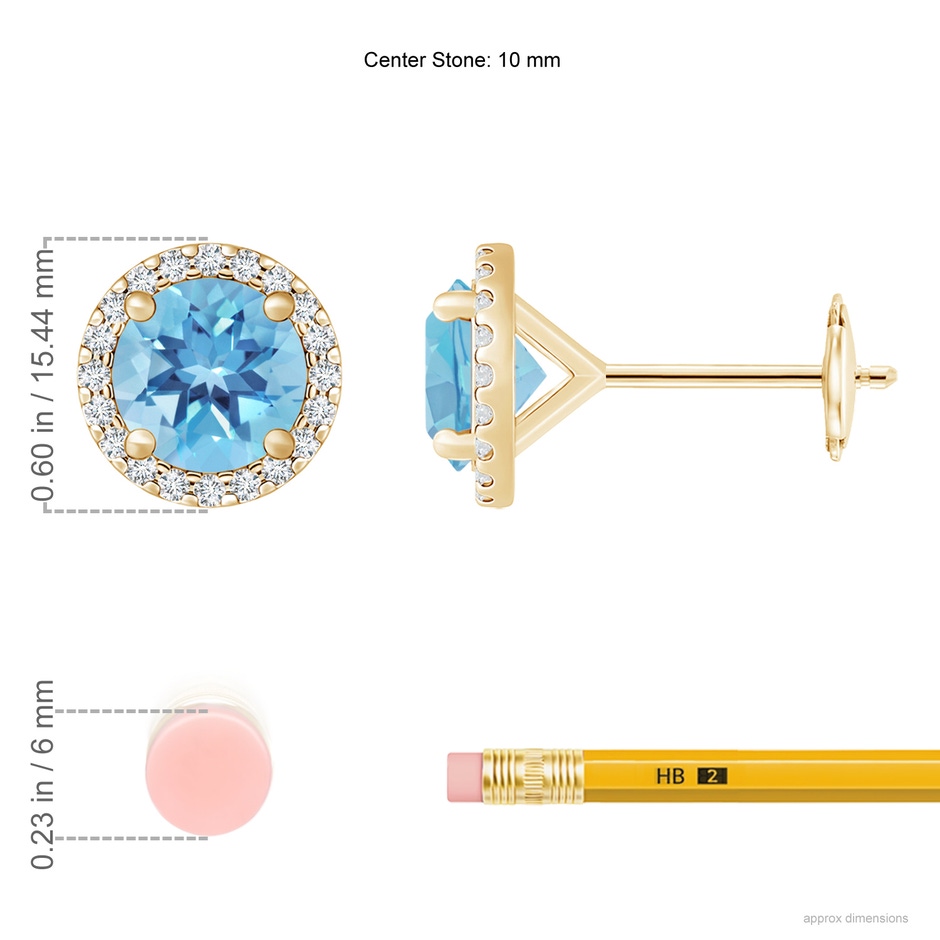 10mm A Classic Swiss Blue Topaz and Diamond Halo Stud Earrings in Yellow Gold ruler
