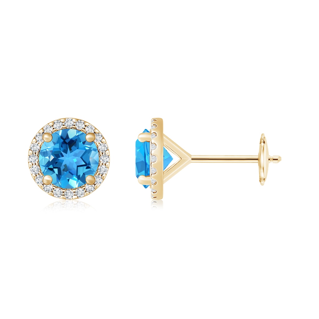 10mm AAA Classic Swiss Blue Topaz and Diamond Halo Stud Earrings in Yellow Gold