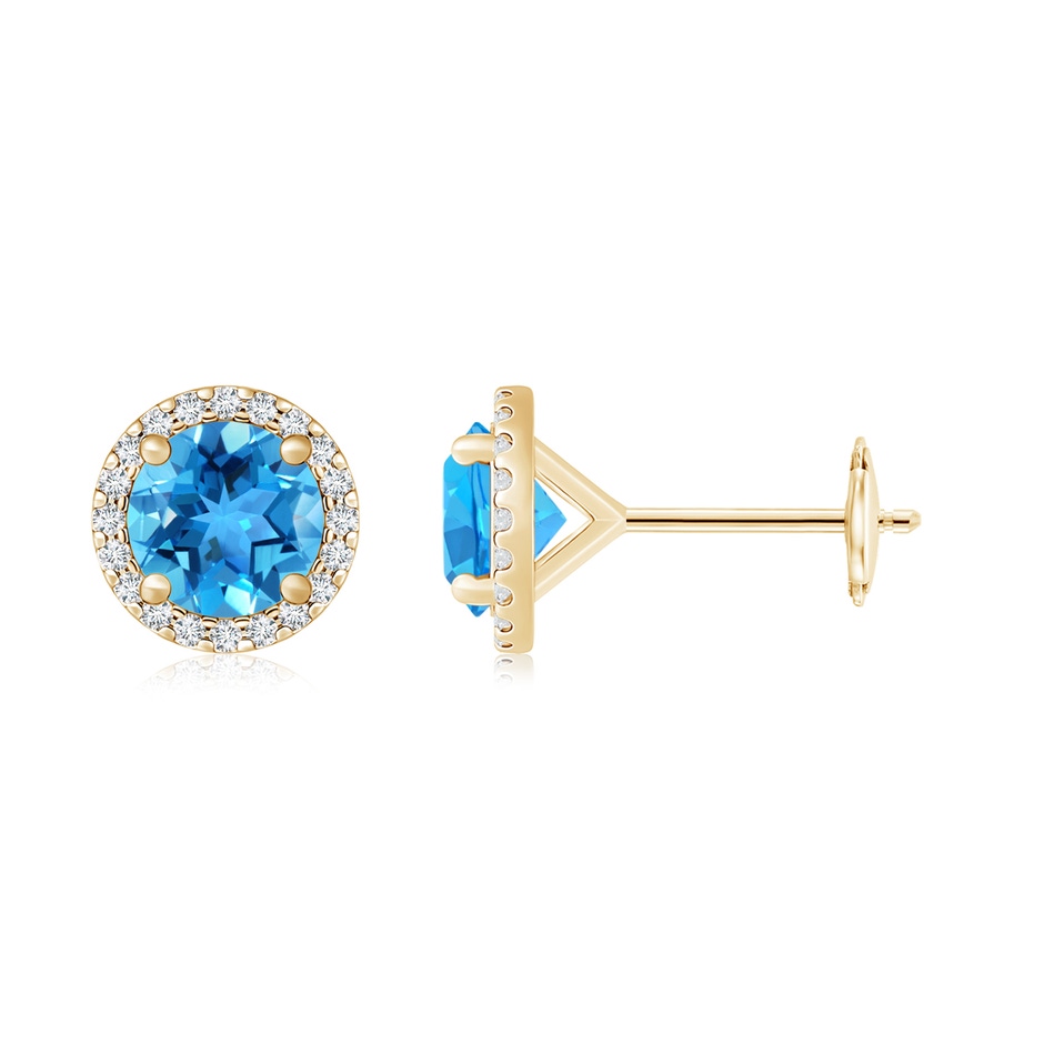 10mm AAA Classic Swiss Blue Topaz and Diamond Halo Stud Earrings in Yellow Gold 