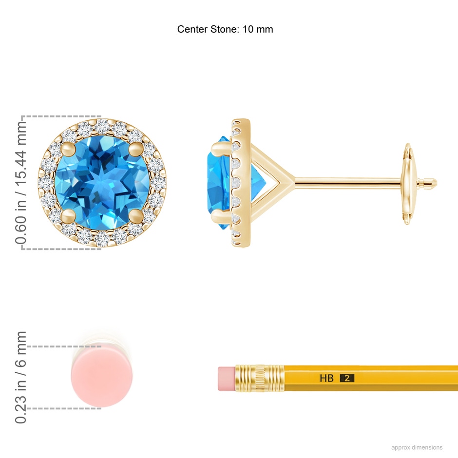 10mm AAA Classic Swiss Blue Topaz and Diamond Halo Stud Earrings in Yellow Gold ruler