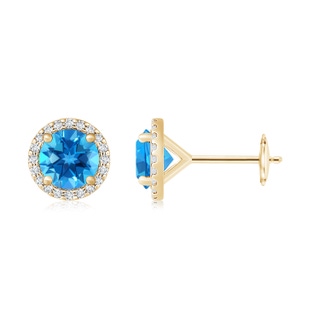 10mm AAAA Classic Swiss Blue Topaz and Diamond Halo Stud Earrings in Yellow Gold