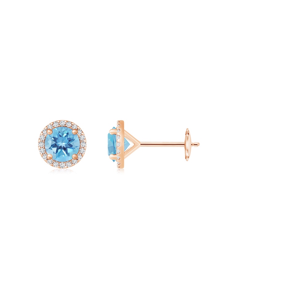 6mm A Classic Swiss Blue Topaz and Diamond Halo Stud Earrings in Rose Gold 