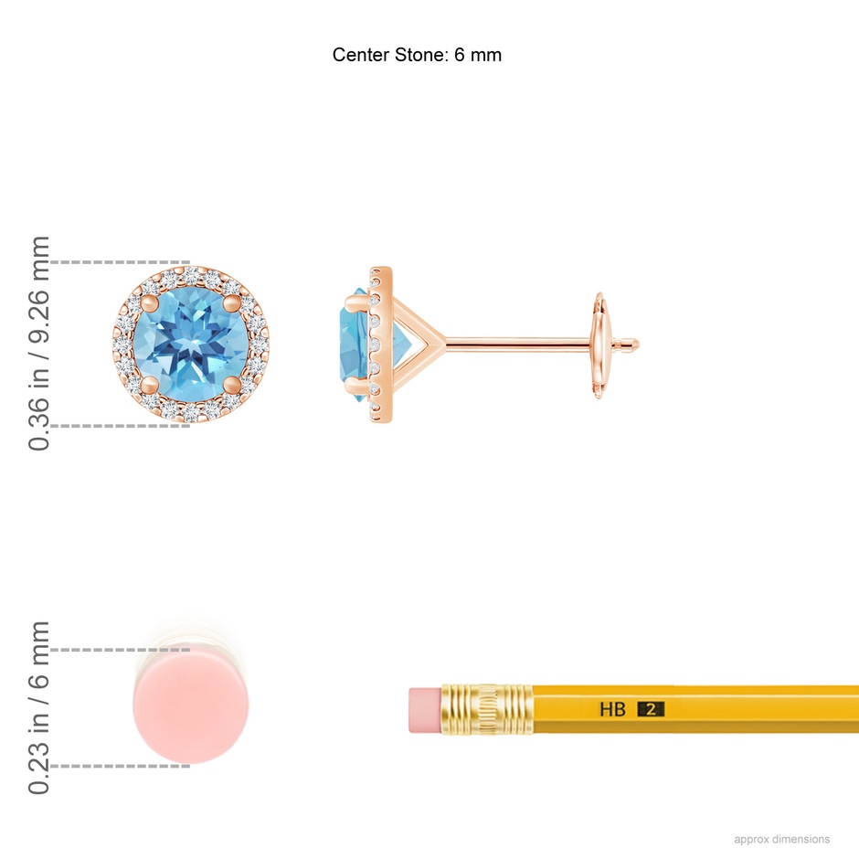 6mm A Classic Swiss Blue Topaz and Diamond Halo Stud Earrings in Rose Gold ruler