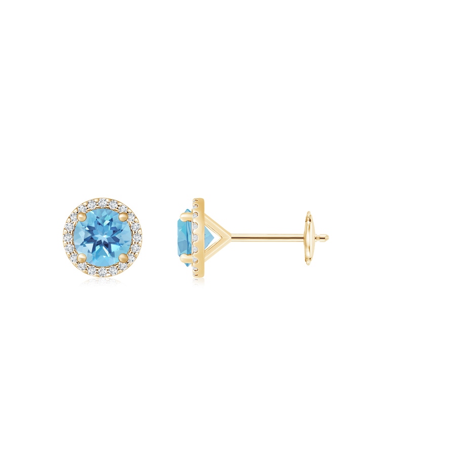 6mm A Classic Swiss Blue Topaz and Diamond Halo Stud Earrings in Yellow Gold 