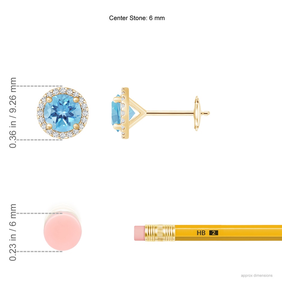6mm A Classic Swiss Blue Topaz and Diamond Halo Stud Earrings in Yellow Gold ruler