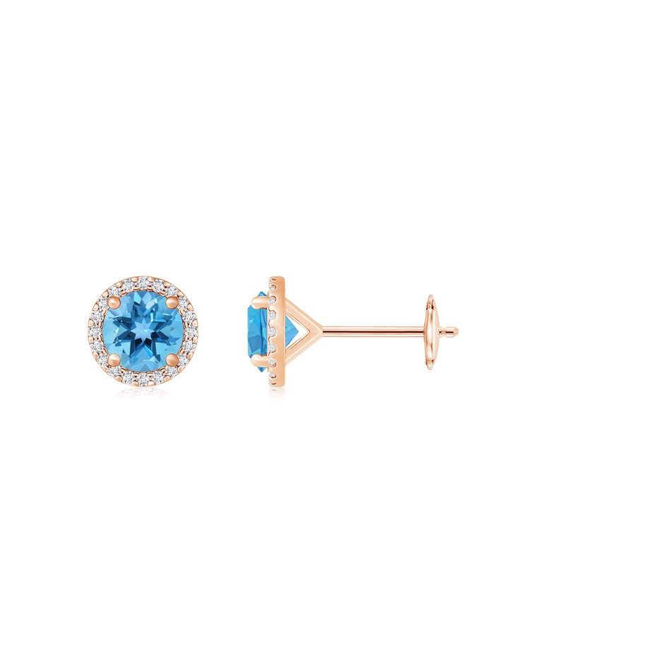 6mm AA Classic Swiss Blue Topaz and Diamond Halo Stud Earrings in Rose Gold 