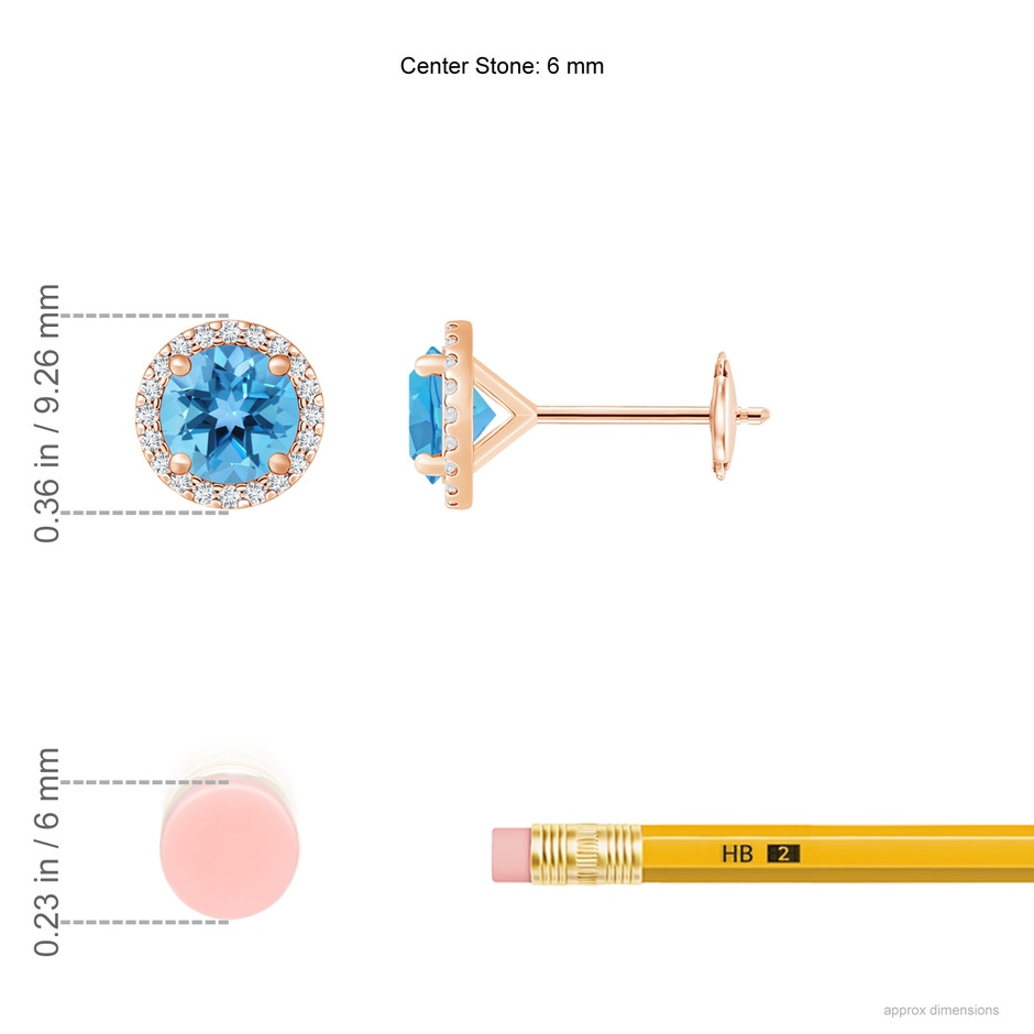 6mm AA Classic Swiss Blue Topaz and Diamond Halo Stud Earrings in Rose Gold ruler