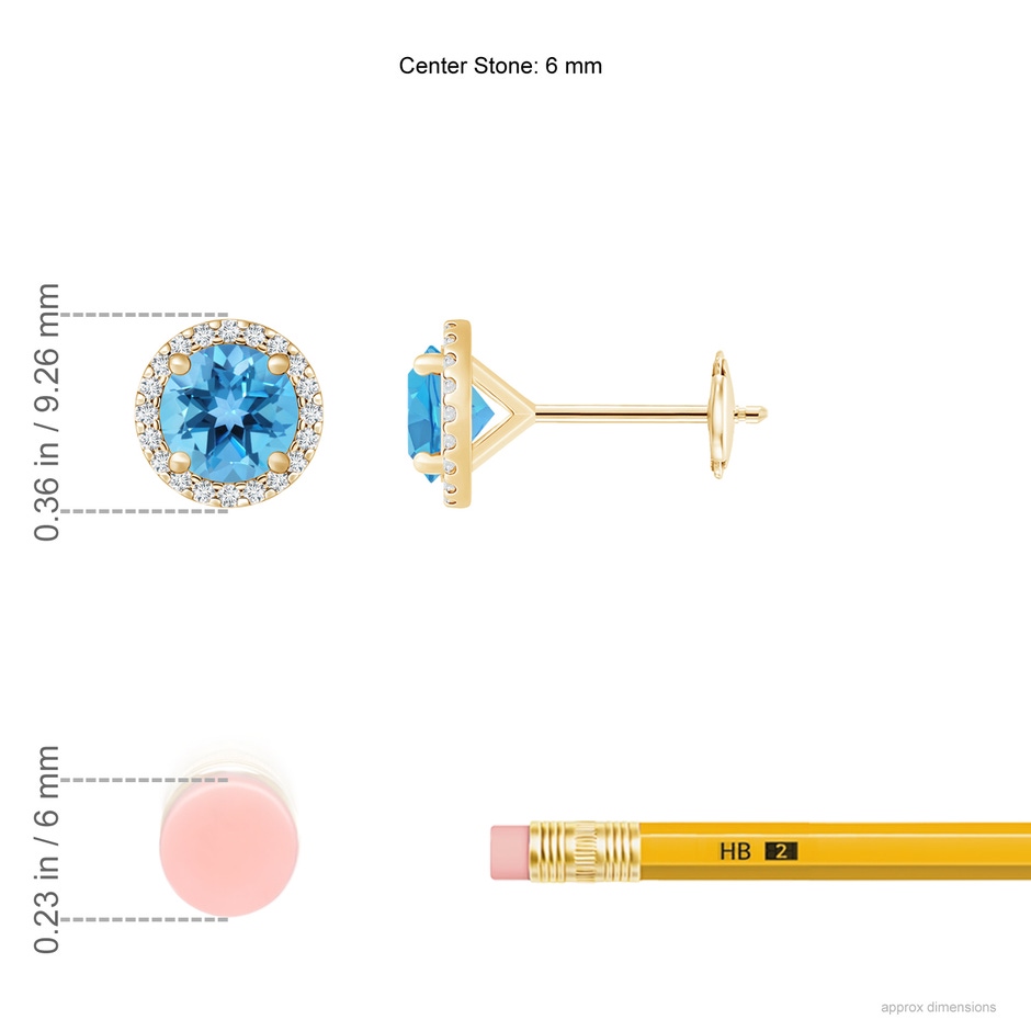 6mm AA Classic Swiss Blue Topaz and Diamond Halo Stud Earrings in Yellow Gold ruler