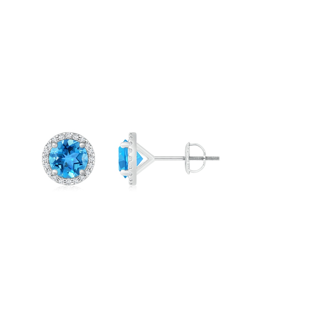 6mm AAA Classic Swiss Blue Topaz and Diamond Halo Stud Earrings in P950 Platinum