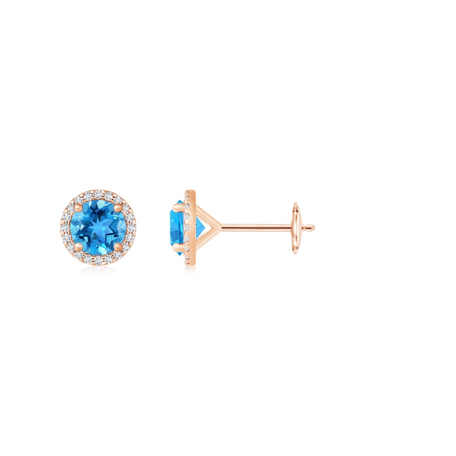 6mm AAA Classic Swiss Blue Topaz and Diamond Halo Stud Earrings in Rose Gold 