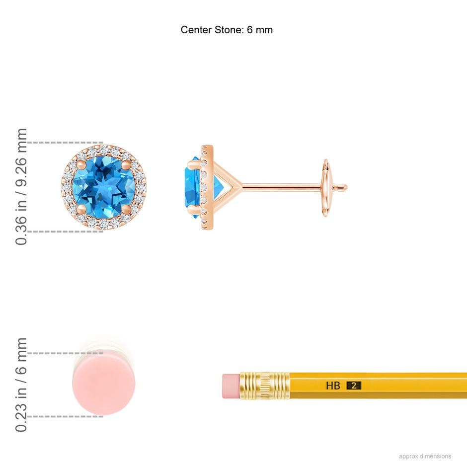 6mm AAA Classic Swiss Blue Topaz and Diamond Halo Stud Earrings in Rose Gold ruler