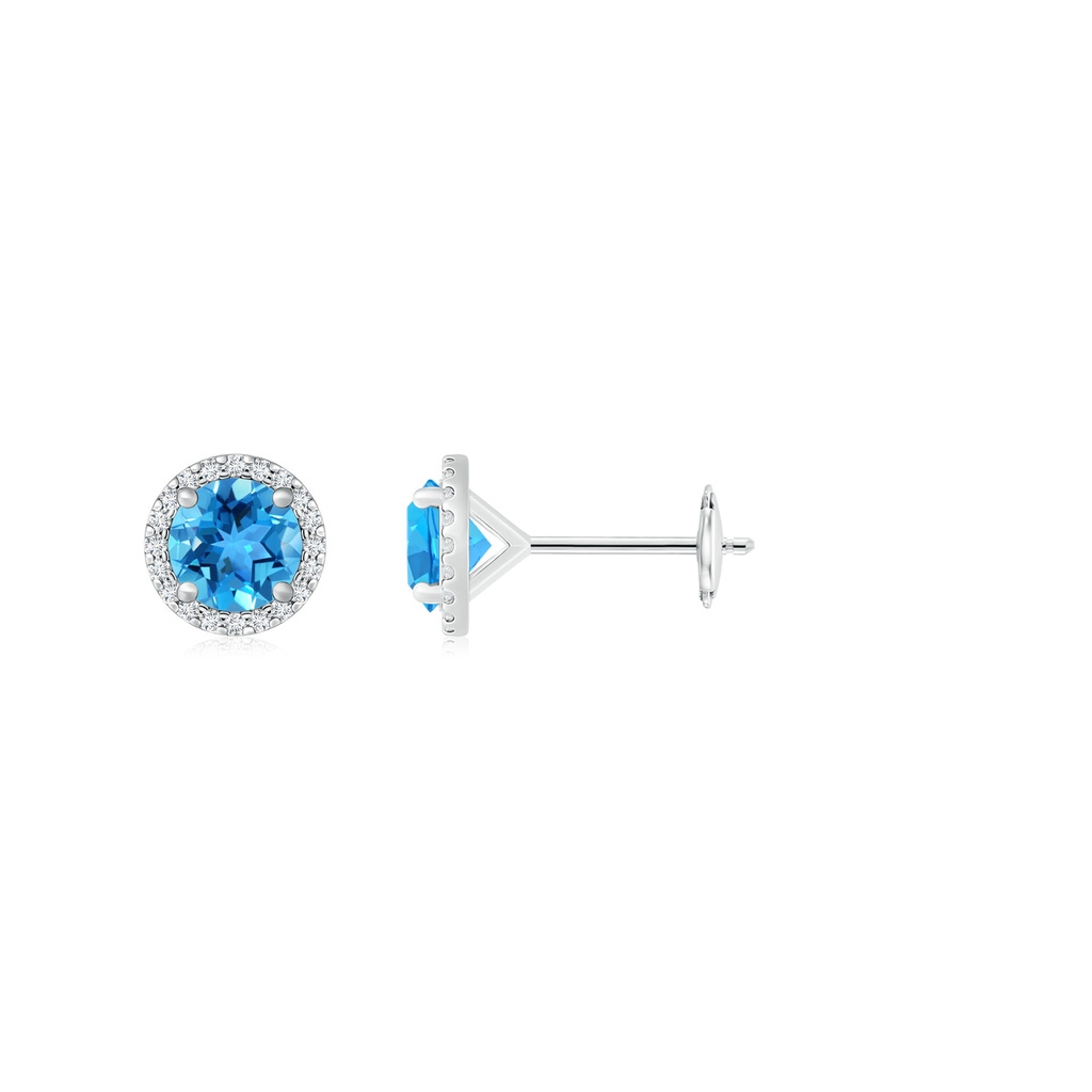 6mm AAA Classic Swiss Blue Topaz and Diamond Halo Stud Earrings in White Gold