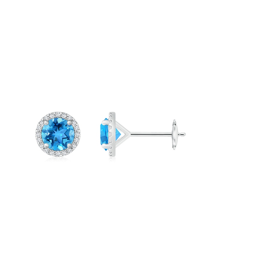 6mm AAA Classic Swiss Blue Topaz and Diamond Halo Stud Earrings in White Gold 