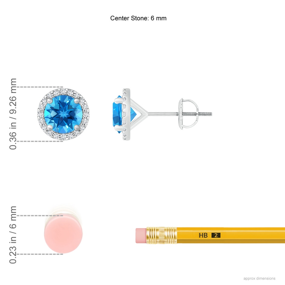 6mm AAAA Classic Swiss Blue Topaz and Diamond Halo Stud Earrings in P950 Platinum ruler