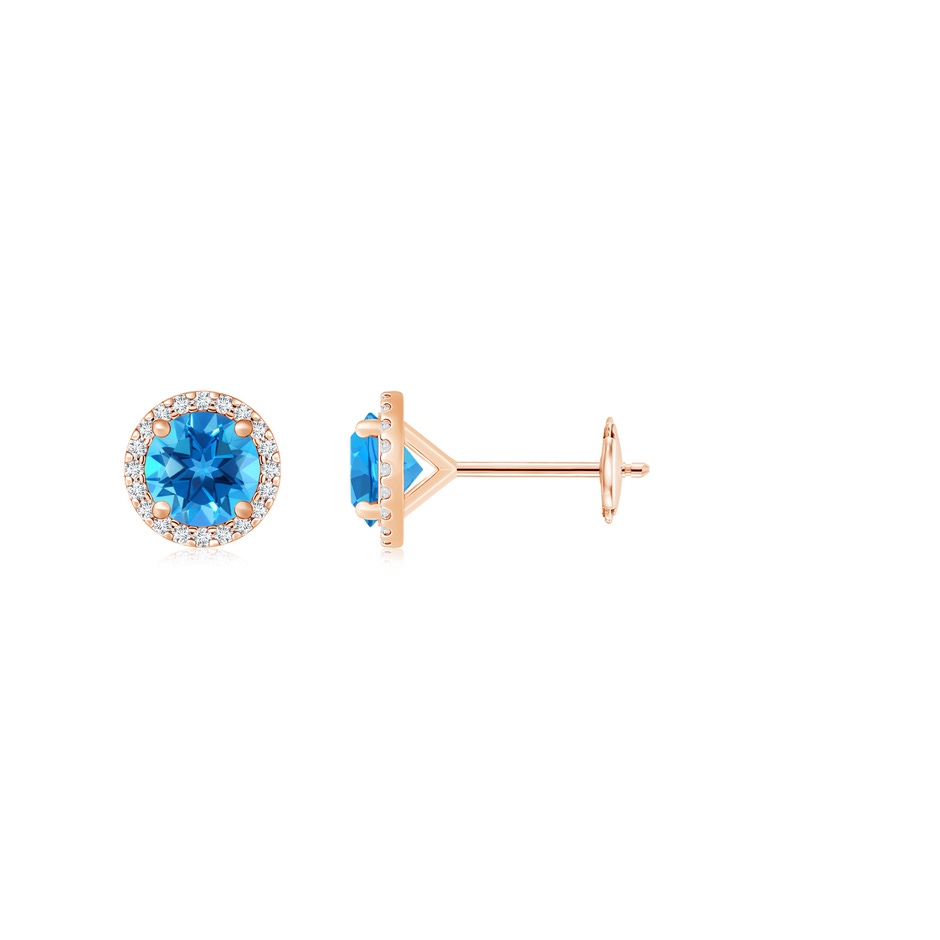 6mm AAAA Classic Swiss Blue Topaz and Diamond Halo Stud Earrings in Rose Gold 