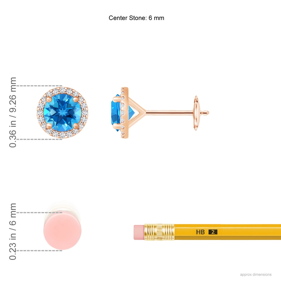 6mm AAAA Classic Swiss Blue Topaz and Diamond Halo Stud Earrings in Rose Gold ruler