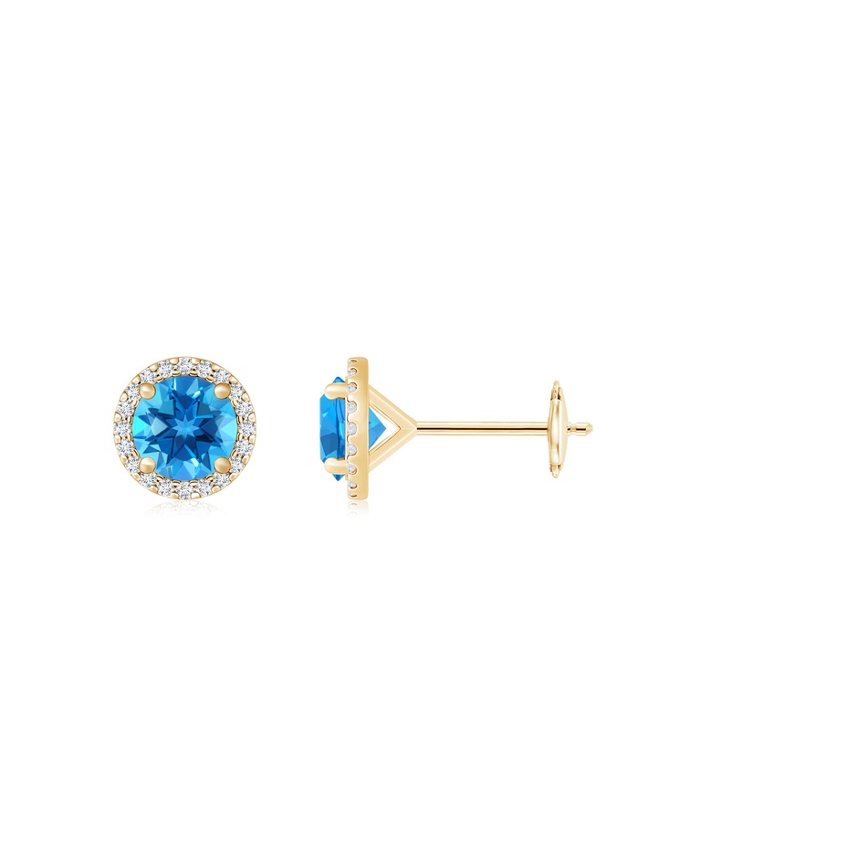 6mm AAAA Classic Swiss Blue Topaz and Diamond Halo Stud Earrings in Yellow Gold 